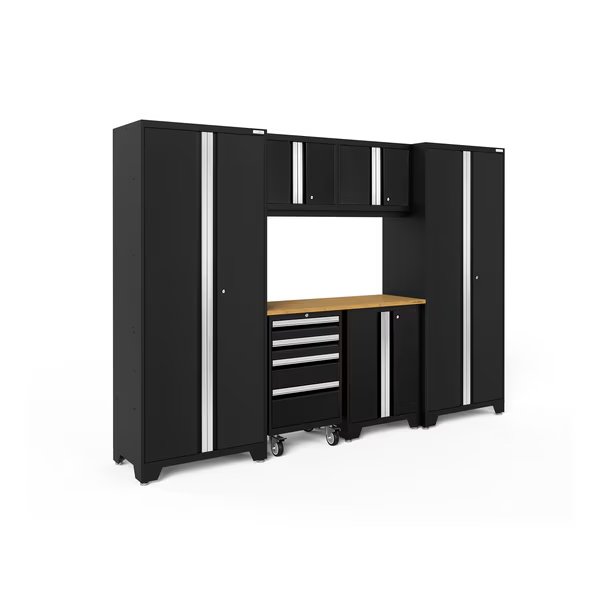 Bold Series 7 Piece Garage Cabinet Set with Bamboo Top, Black, Newage Products, Mfr#: 63054